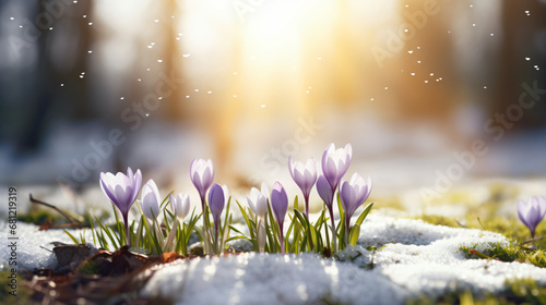 Spring season outdoors landscape, flower in nature on a forest ground covered with grass and snow, under the morning sun - Seasonal background for easter wishes