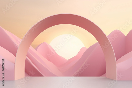 Blush pink round arch on the pastel sunset landscape background. Atmospheric escapism installation for showcase and display products. Minimalist architectural construction and mountain.