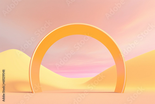 Yellow futuristic round arch on the desert landscape background. Atmospheric escapism installation for showcase and display products. Minimalist architectural construction.