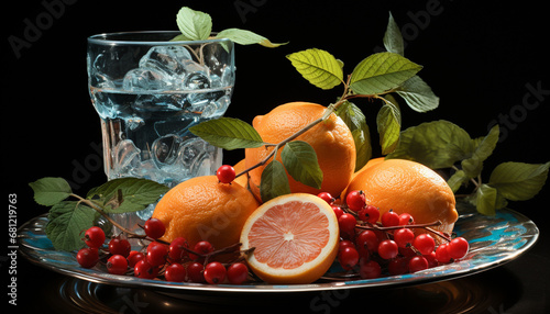 Fresh citrus fruits  mint leaf  and juicy berries on wooden table generated by AI