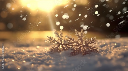 Magical winter background with snow,snowflakes and soft bokeh lights on blue sky,cold backdrop for Christmas. Snowy still life at frosty weather time blurred magical background © Eli Berr