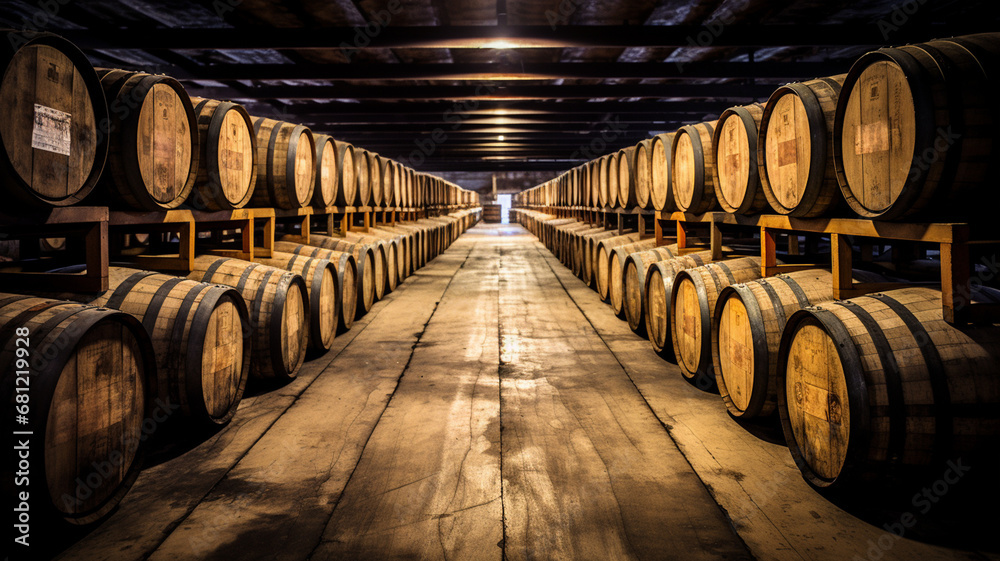 barrels of wine in a factory