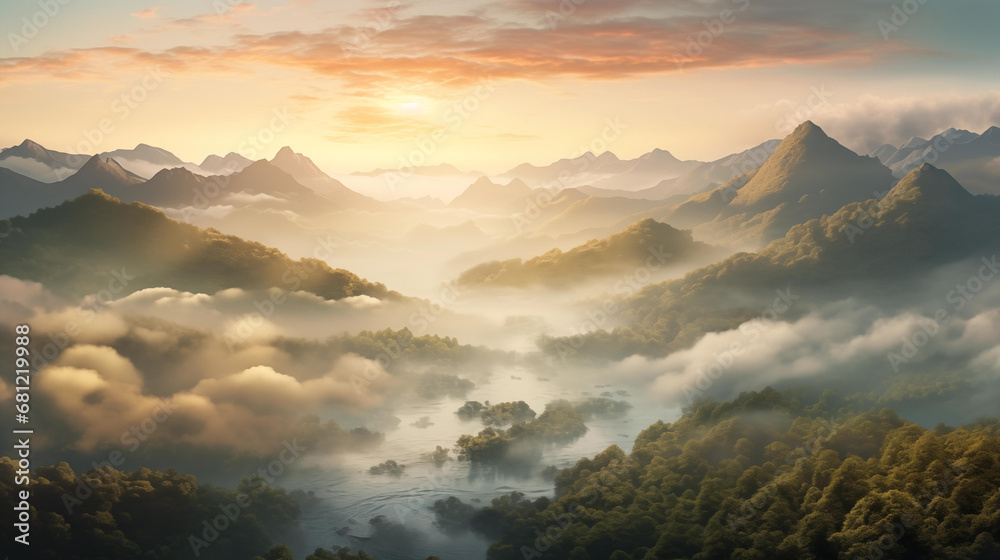 Obraz premium Misty Sunrise over Mountain Range