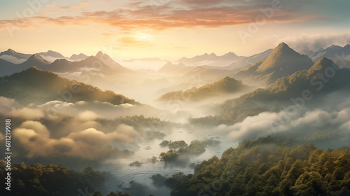 Misty Sunrise over Mountain Range