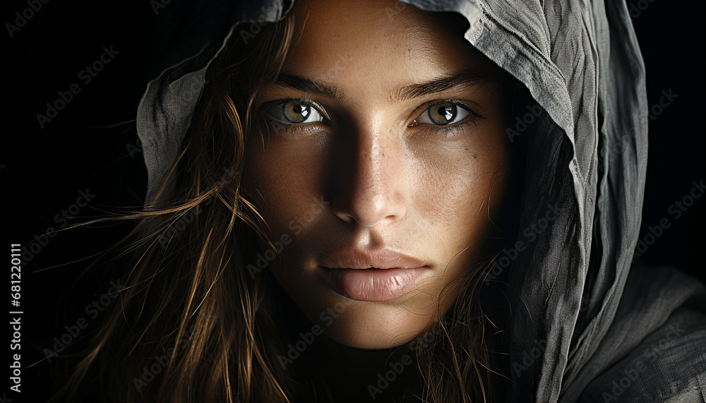 Beautiful woman with long brown hair looking confidently at camera generated by AI Beautiful woman with long brown hair looking confidently at camera generated by AI