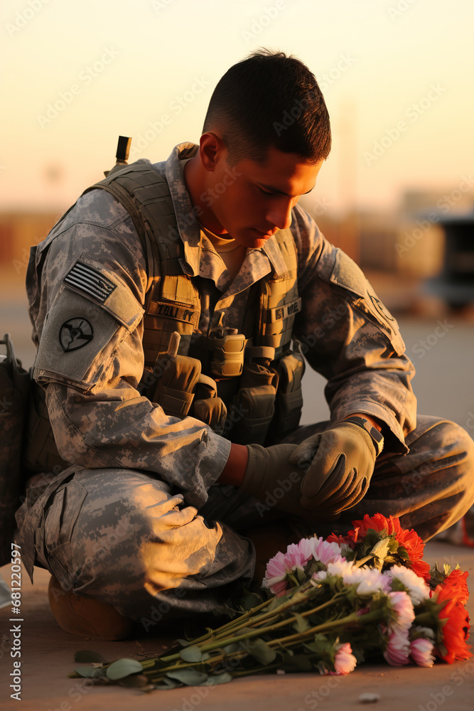 Solitary Soldier Contemplating with Flowers at Sunset