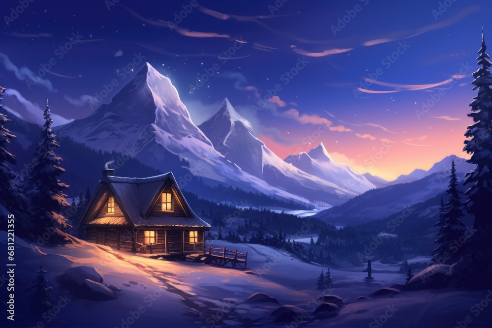 Tranquil digital art of a mountain scene, solitary cabin surrounded by snowy peaks under starry sky. A peaceful, nostalgic ambiance with cool blues and comforting candlelight