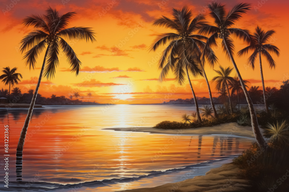 Serene scene on the empty ocean shore, sunset on tropical beach with palm trees, featuring warm oranges and yellows reflecting on the tranquil waters, evoking sense of peace and relaxation