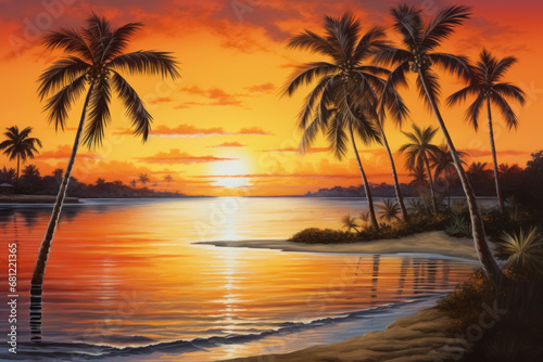 Serene scene on the empty ocean shore  sunset on tropical beach with palm trees  featuring warm oranges and yellows reflecting on the tranquil waters  evoking sense of peace and relaxation