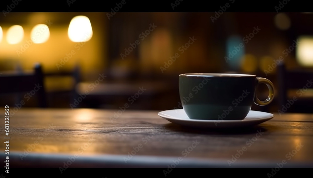 Hot coffee on wooden saucer, perfect for indoor relaxation generated by AI
