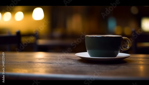 Hot coffee on wooden saucer, perfect for indoor relaxation generated by AI