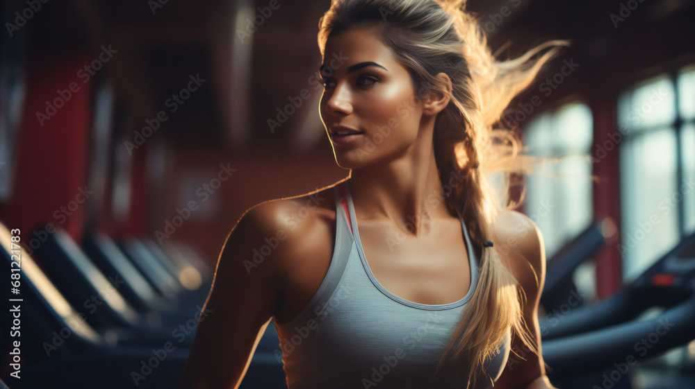 woman in the gym. Portrait of beautiful woman working out at gym, running on treadmill and doing fitness exercises. healthy concept