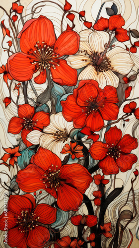 A pattern of red and orange flowers connected by black lines