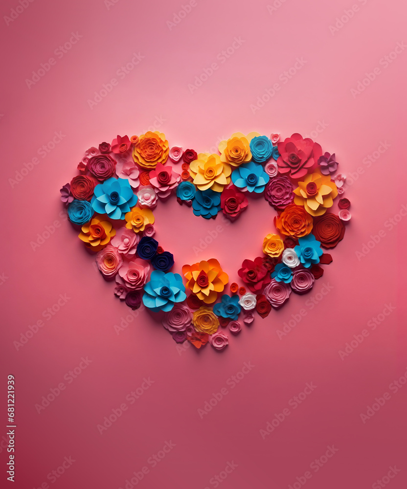 Heart and flowers made with paper. Paper craft. Paper art for Valentine's day. Copy Space