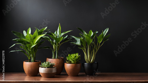 Ai Illustration of plants pots with different colors and designs on a Black background