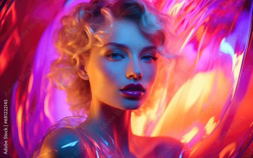 Fashion model woman in colorful bright neon lights posing in studio through transparent film