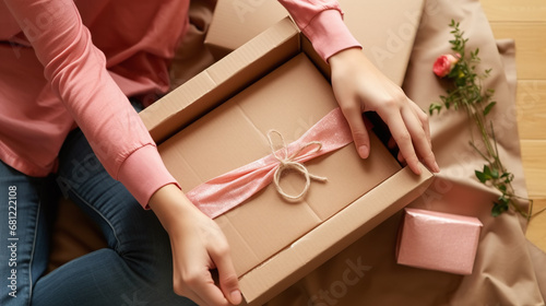 close up woman hands hold a parcel wrapping it