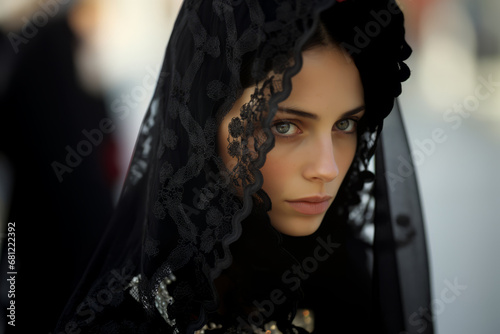 Portrait of young beautiful woman wearing traditional dress during church procession in Spanish city street photo