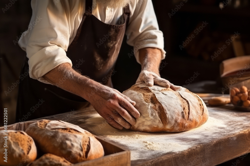 The baker placed a large loaf of bread hot from the oven on the wooden deck table. On a wood table, bread is sprinkled with flour and ready for sale.