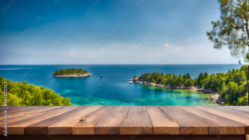 Illustrated of Wooden board at sea side beach with blue sky, beautiful clouds, mountain with greenery and trees with clean blue water