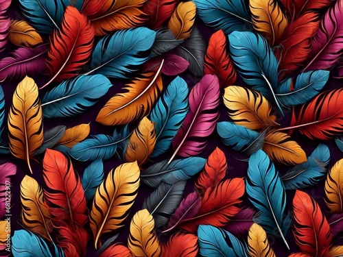 Colorful feathers on black background, seamless pattern, banner, texture, vector illustration, art, design, top view. Boho style watercolor © *** ***