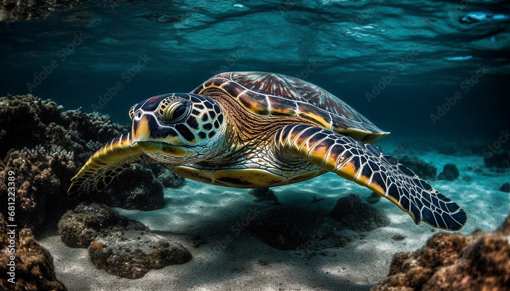 Fototapeta premium Underwater turtle swimming in blue sea, surrounded by colorful reef generated by AI