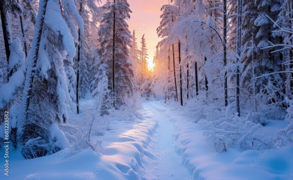 Fototapeta premium Scenic forest along a snow covered path in the winter season