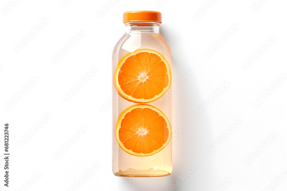 ibrant Freshness: Top View of Juice Bottle with Orange on White Background ibrant Freshness: Top View of Juice Bottle with Orange on White Background