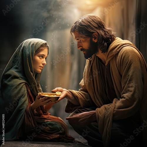 Obraz na płótnie Divine Compassion: Jesus Nourishing Souls in the Streets of Jerusalem, generative AI w salonie
