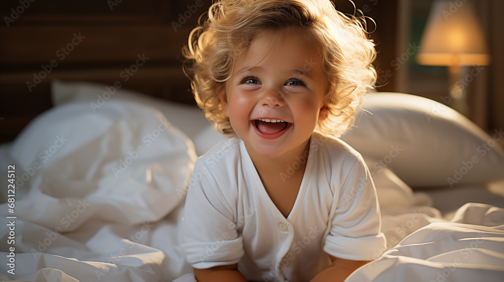 Fototapeta premium A bright-eyed toddler with curly hair beams a joyful smile in a sunlit bedroom, with a cuddly teddy bear in the background, capturing the innocence and happiness of childhood