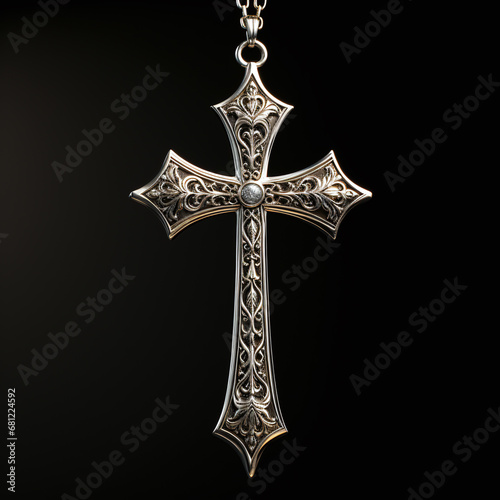 Christian symbol - silver cross isolated on black background