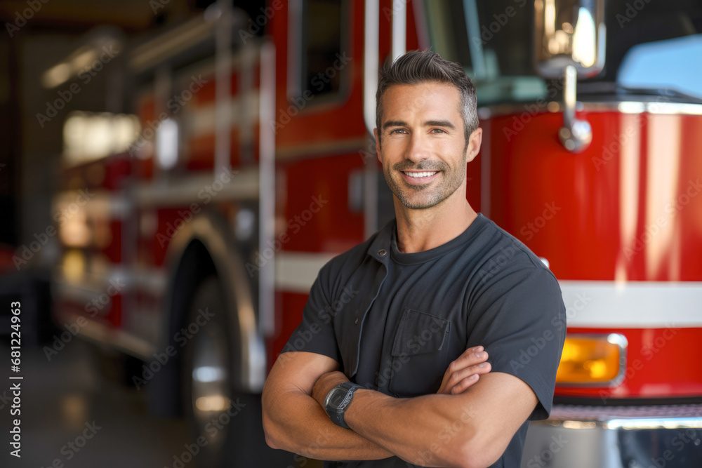 Portrait of a confident Hispanic male firefighter standing in front of the fire truck in his uniform ready to take action Portrait of a confident Hispanic male firefighter standing in front of the fire truck in his uniform ready to take action