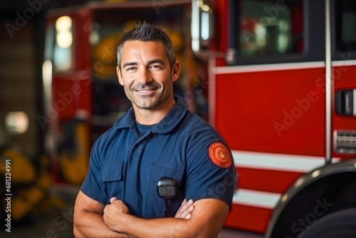 Portrait of a confident Hispanic male firefighter standing in front of the fire truck in his uniform ready to take action photo