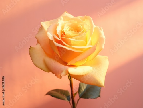 A single yellow rose in a vase against a pink wall. Generative AI.