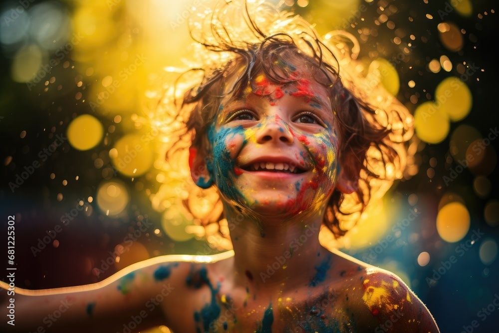 A little boy with paint all over his face. Generative AI. A little boy with paint all over his face. Generative AI.