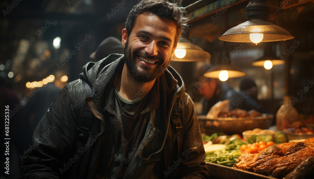 One young man smiling, looking at camera, enjoying city life generated by AI One young man smiling, looking at camera, enjoying city life generated by AI