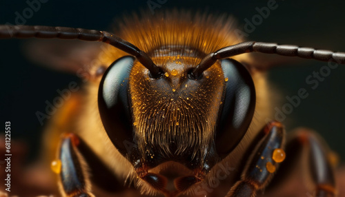 Close up of a small bee head, yellow and black striped generated by AI