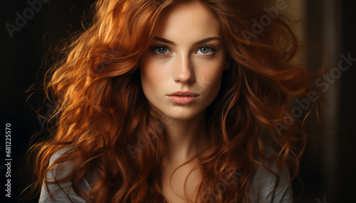 Beautiful woman with long brown hair looking at camera sensually generated by AI