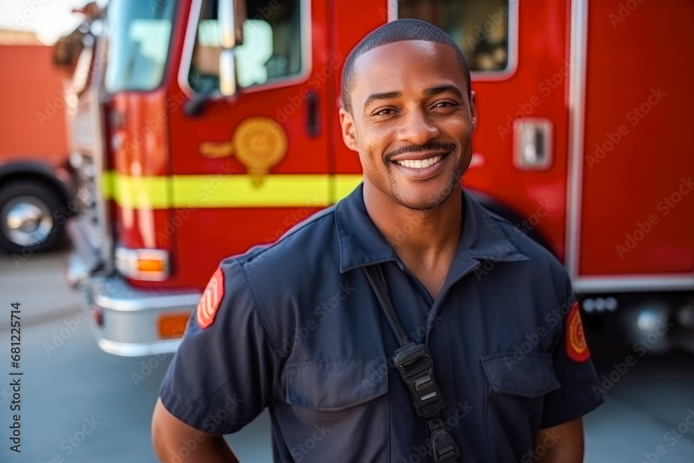 Portrait of a confident African American male firefighter standing in front of the fire truck in his uniform ready to take action Portrait of a confident African American male firefighter standing in front of the fire truck in his uniform ready to take action