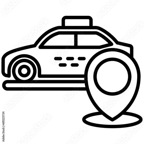 Car and map pin black outline icon, related to transportation, ride sharing theme.
