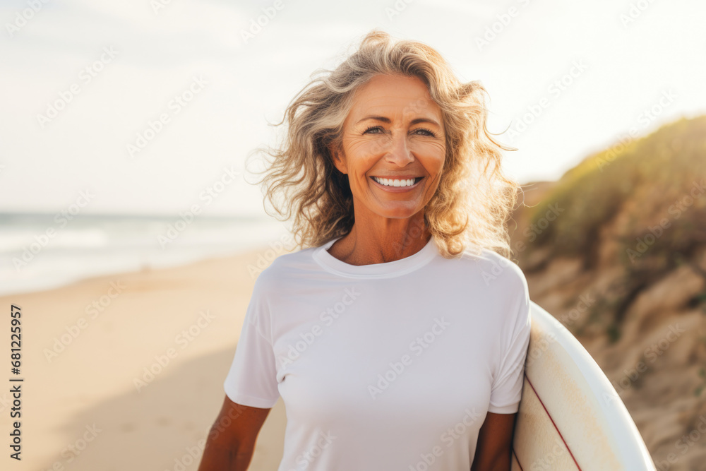 Middle-aged woman holding a surfboard on a beach, radiating vitality, optimism, health, and well-being, aging gracefully and embracing active lifestyle - obrazy, fototapety, plakaty 