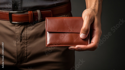 Men's hand holding leather wallet. Created with Generative AI
