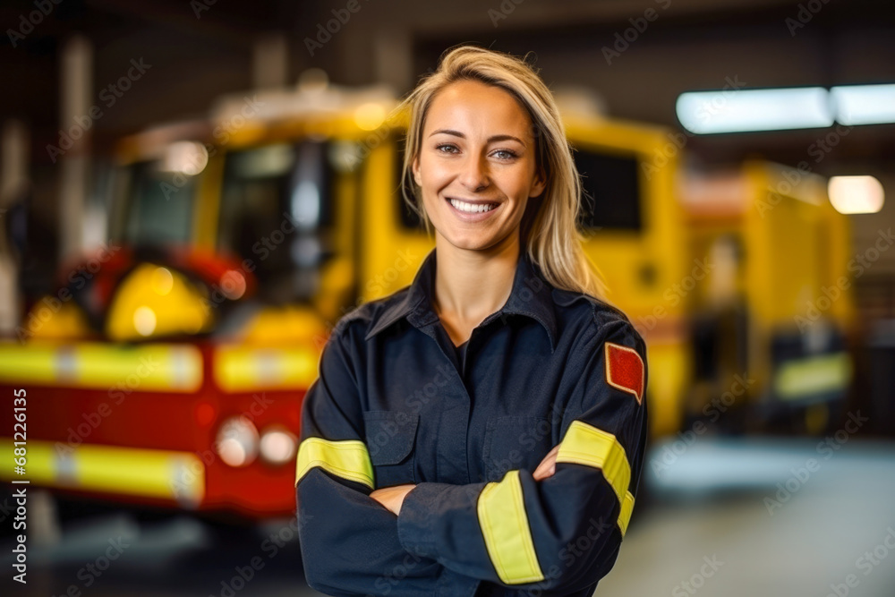 Portrait of a confident caucasian female firefighter standing in front of the fire truck in her uniform ready to take action Portrait of a confident caucasian female firefighter standing in front of the fire truck in her uniform ready to take action