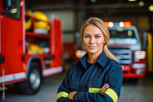 Portrait of a confident caucasian female firefighter standing in front of the fire truck in her uniform ready to take action