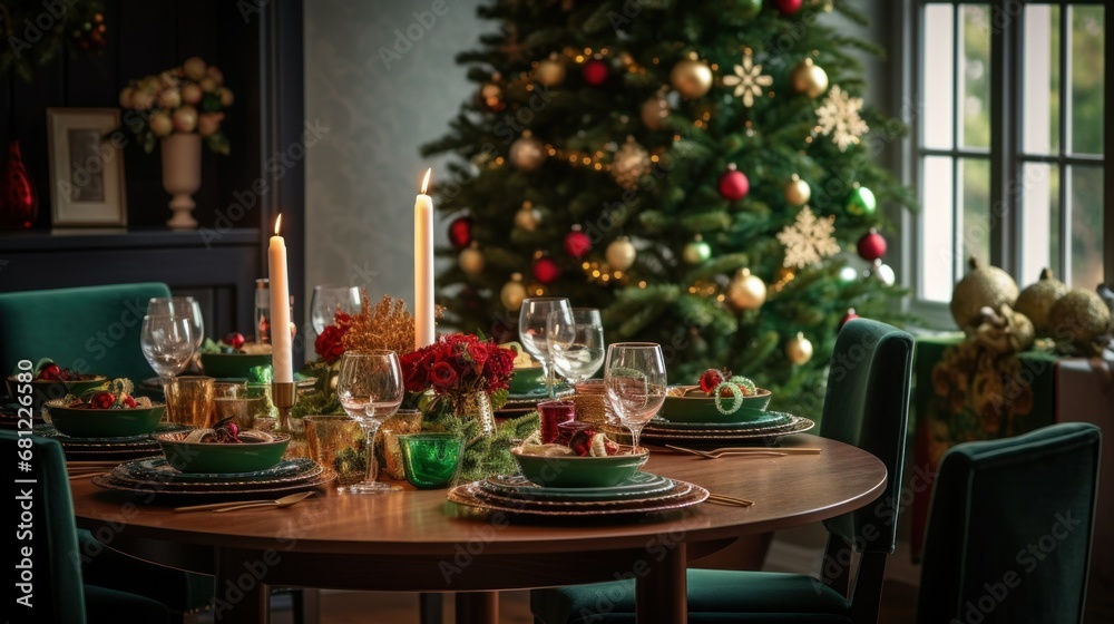 Warm and inviting dining room interior with green tablecloth, decorated Christmas tree, a wreath, candles, and tablesetting with glassware, gifts. Christmas holiday atmosphere
