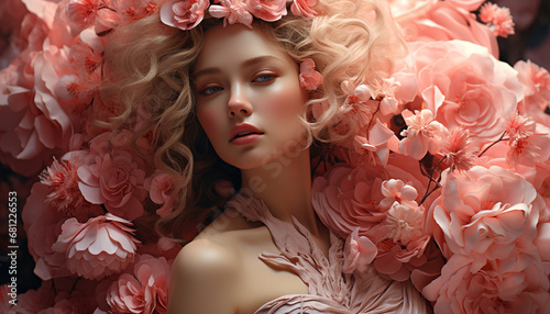 Beautiful caucasian woman with curly blond hair and pink flower generated by AI