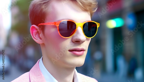 Young adult with sunglasses smiling in close up portrait outdoors generated by AI
