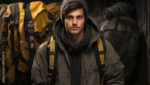 One man, outdoors, confident, looking at camera, wearing winter jacket generated by AI