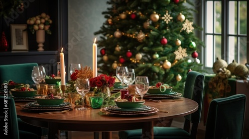 Warm and inviting dining room interior with green tablecloth  decorated Christmas tree  a wreath  candles  and tablesetting with glassware  gifts. Christmas holiday atmosphere