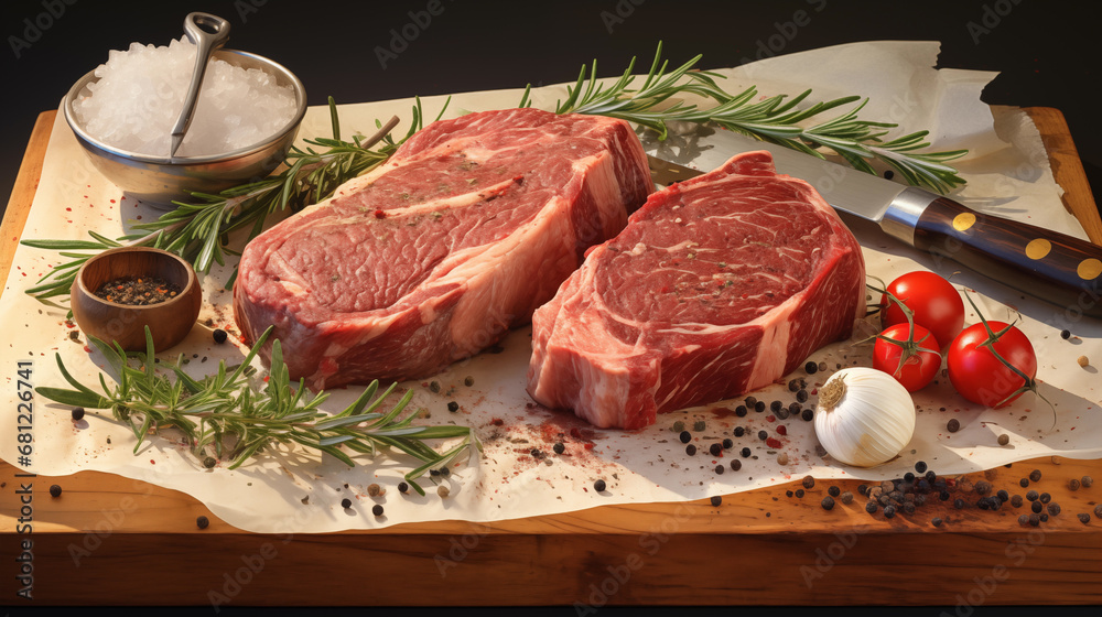 Raw ribeye steak with herbs and spices on a wooden board.
